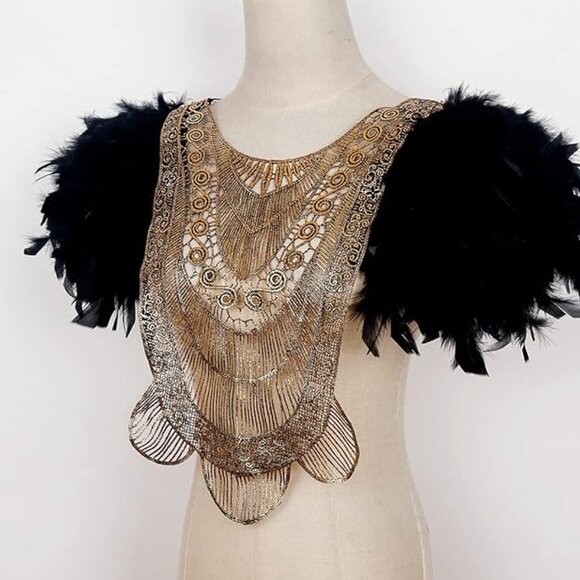 Poncho Collar Natural Feather Short Cape Lace - Picture 3 of 9